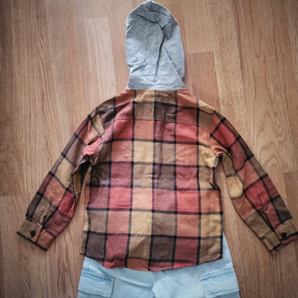 Volcom Boys 2 Piece Set Burnt Orange‎ Plaid Flannel Hoodie Cargo Jogger Pants 4T